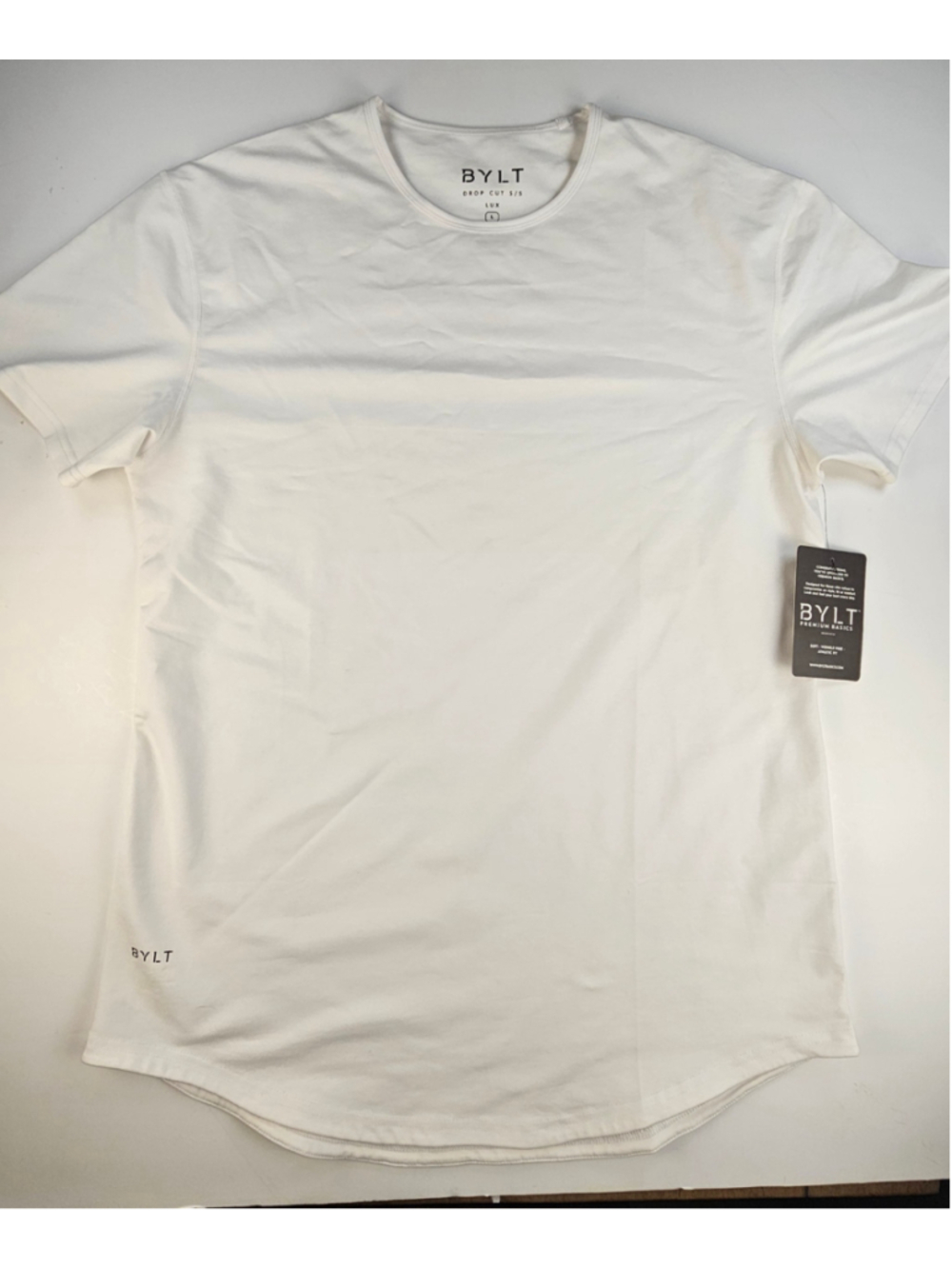 BYLT Basics Men's Large Drop-Cut Lux T-Shirt White Curved Hem NWT